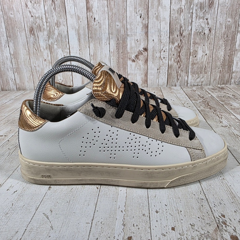 P448 John White Gold Metallic Leather Suede Low Top Sneakers Made in Italy 38